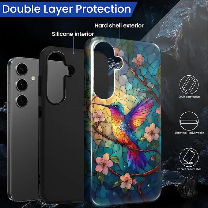 for Samsung Galaxy S25 Case, Stained Glass Hummingbird Pattern Glossy 2 in 1 - Image 3