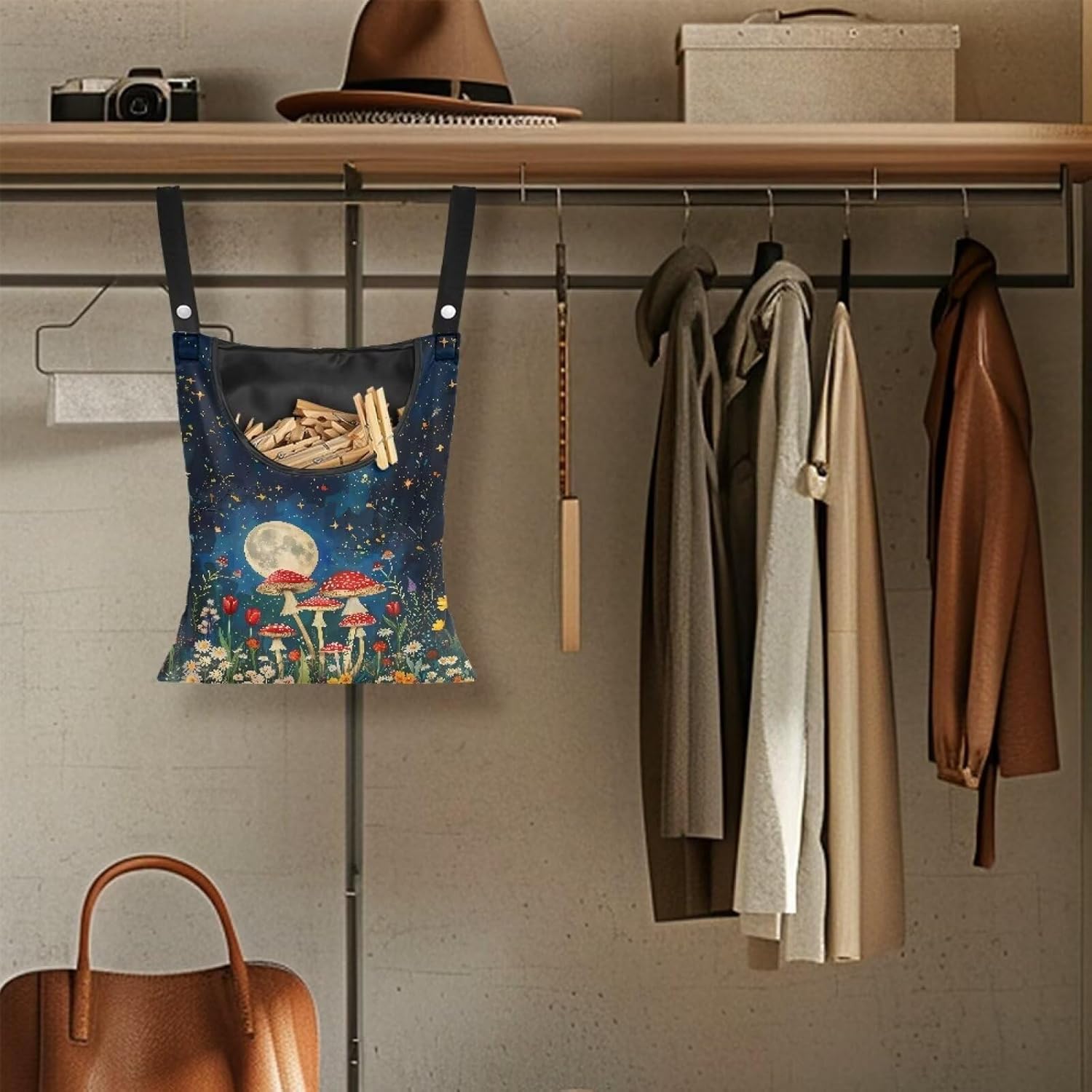 Mushroom Handy Clothespin Bags Moon Space-Saving Clothespin Storage Hanger Bag, Hanging Storage Organizer with Hanging Rope for Home Outdoor Supply