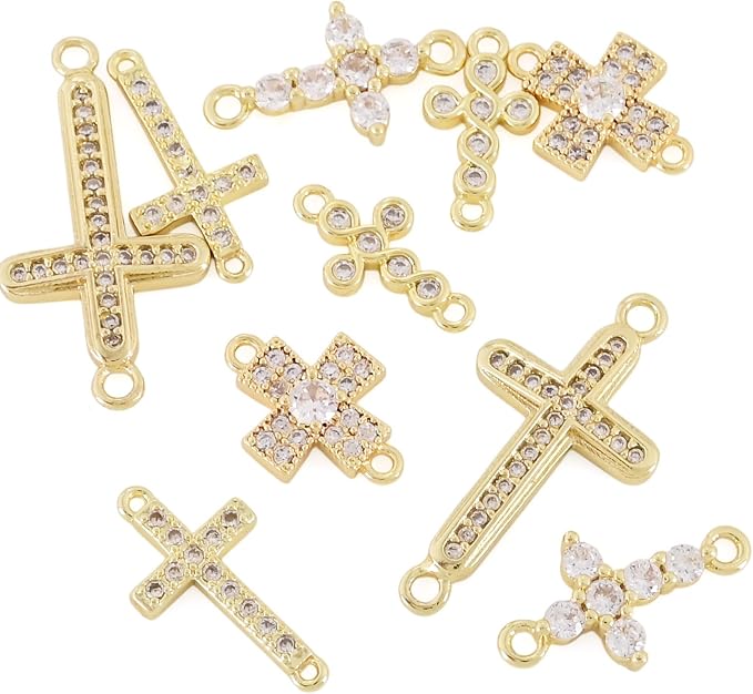 Cheriswelry 10pc Cubic Zirconia Cross Charms 18K Gold Plated Link Pendants | - Image 2