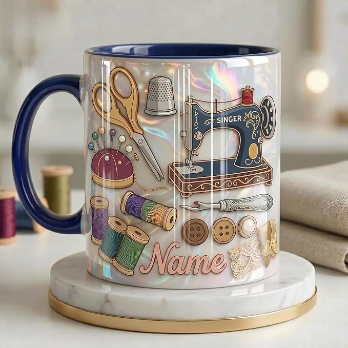 Personalized Sewing Mug with Name, Vintage Sewing Machine Coffee Cup, Quilting - Image 2
