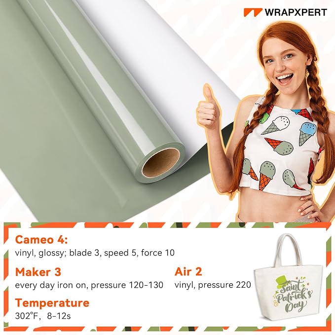WRAPXPERT Green Heat Transfer Vinyl Sage Gree HTV 12" x5ft Khaki Green Iron on - Image 3