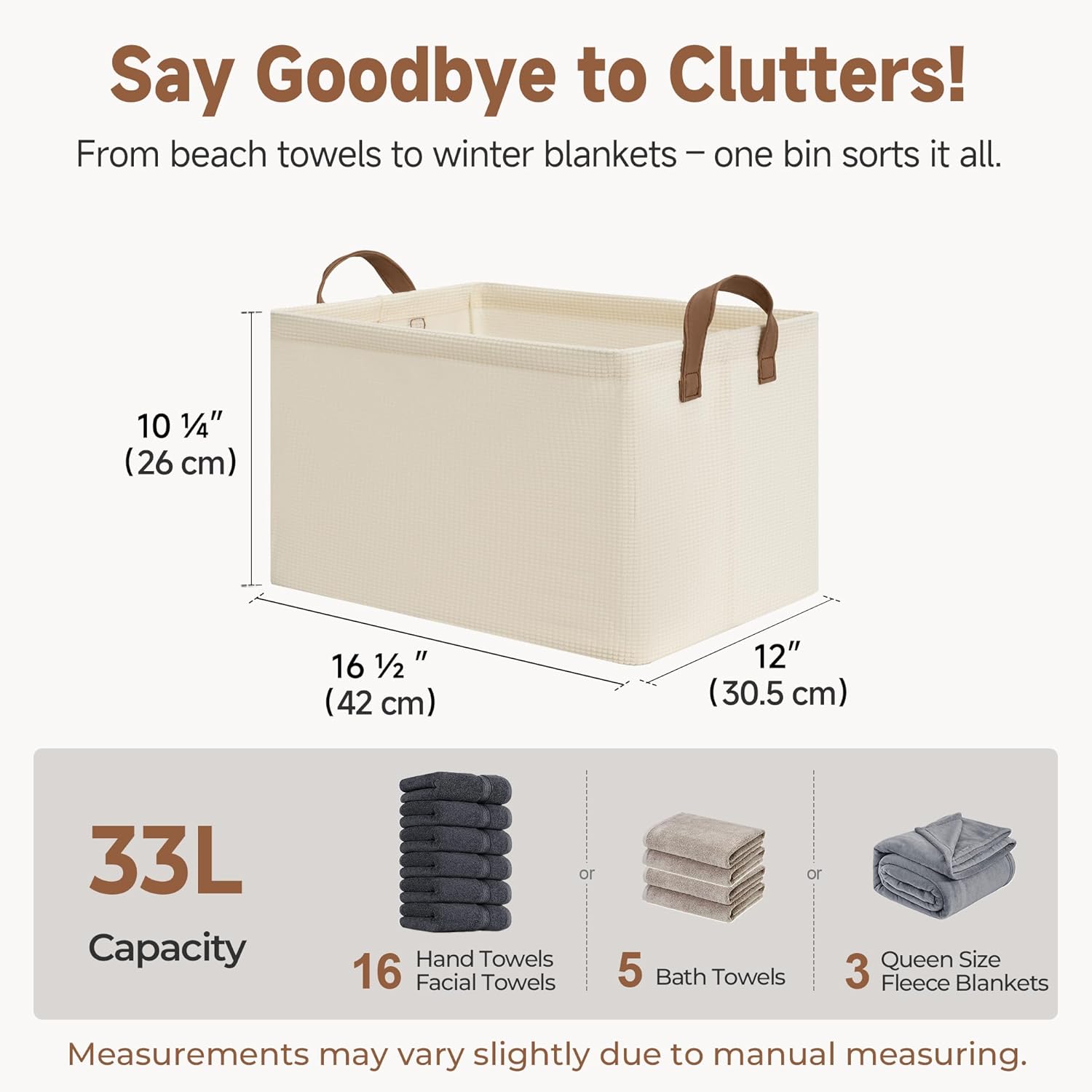 StorageWorks Storage Bins, Shelves Baskets for Organizing, Large Fabric Closet Organizers with Handles, Metal Frame, Beige（Texture）, 2-Pack