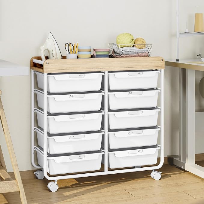 10 Drawers Rolling Cart with Wooden Tabletop, Utility Storage Cart with Wheels - Image 8