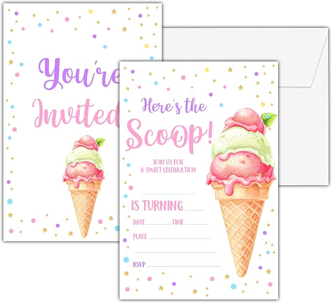 Ice Cream Birthday Invitations, 25 Double-Sided Invitation Cards by seclate