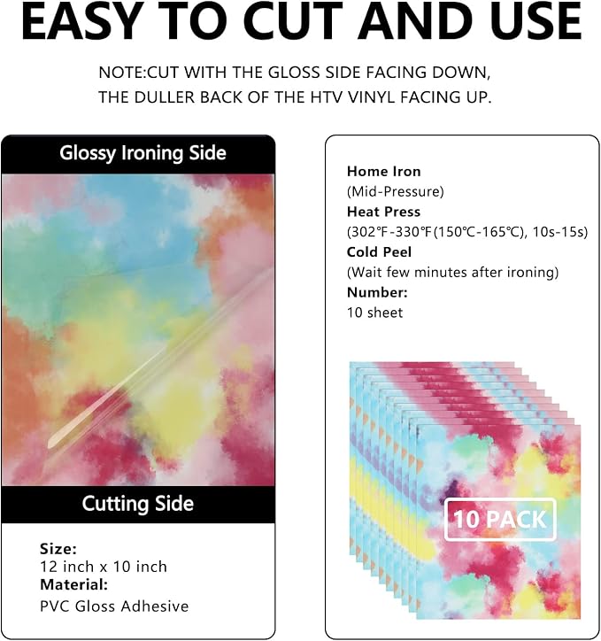 FUNKAKA Tie Dye HTV Heat Transfer Vinyl Bundle, 10 Sheets HTV Vinyl - Image 2