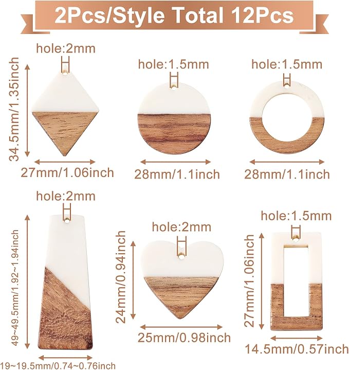 FASHEWELRY 12Pcs Resin Wooden Pendants 6 Styles Rectangle Rhombus Flat Round - Image 5