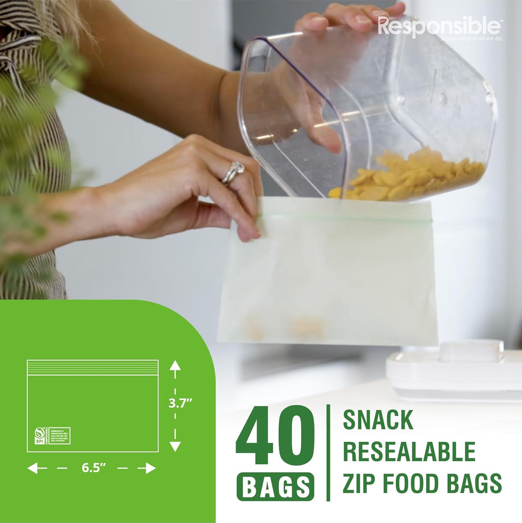 Responsible Products Certified Compostable SNACK Resealable Zip Bag, Extra Strength Food Bags, Plant-Based Freezer-Safe (40 Pack)