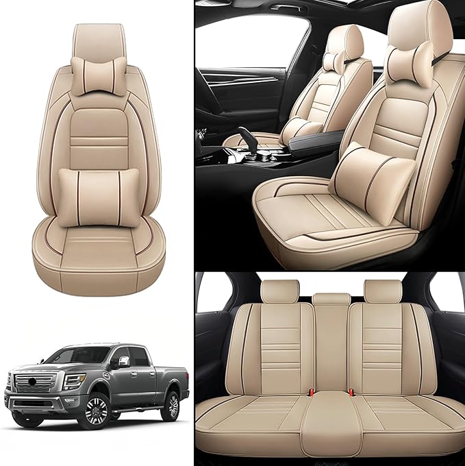 Car Seat Covers for Nissan Car Titan 2004-2024 | 5-Seats Seat Covers, Waterproof Seat Protectors, Automotive Seat Covers (Full Set with Pillow,Beige)