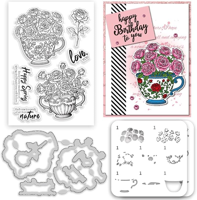 Rose Clear Stamps and Dies for Card Making Layering Coloring Stencil Set Metal by ACRNIGHEET