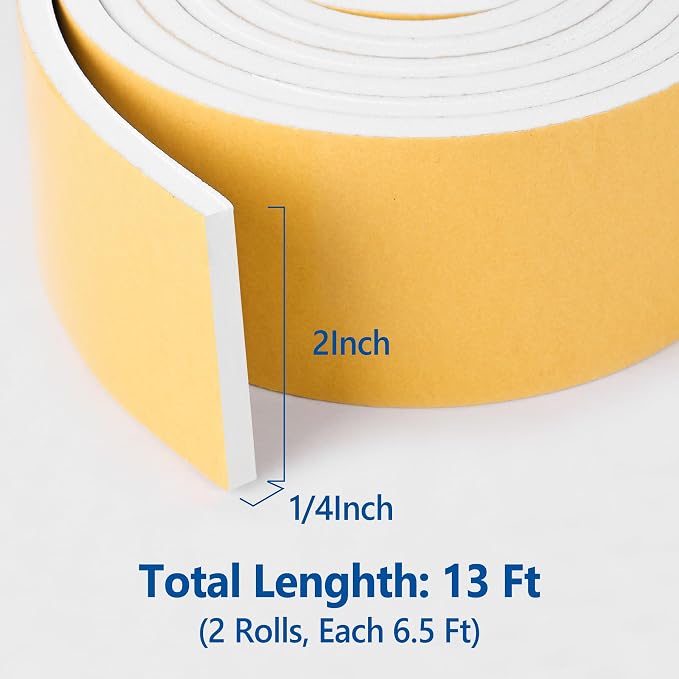 Kikerike Self Adhesive Foam Tape Weatherstrip 2in x 1/4in x 13Ft High Density - Image 2