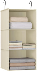 Hanging Closet Organizer and Storage 3-Shelf, Easy Mount Foldable Hanging Closet Wardrobe Storage Shelves, Clothes Handbag Shoes Accessories Storage, Washable Oxford Cloth Fabric, Beige