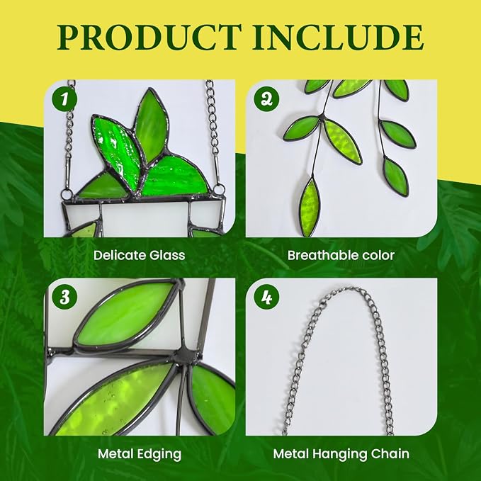 Fake Hanging Plants Greenery Stained Glass Plant Window Hanging Handmade Green - Image 3