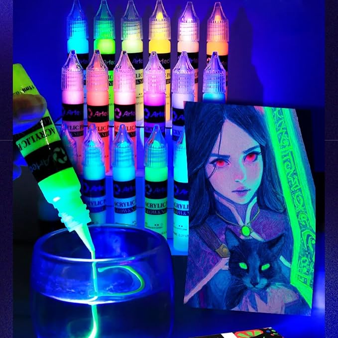 Artecho Glow in the Dark Acrylic Paint Set – 18 Colors x 11ml | Non-Toxic - Image 8