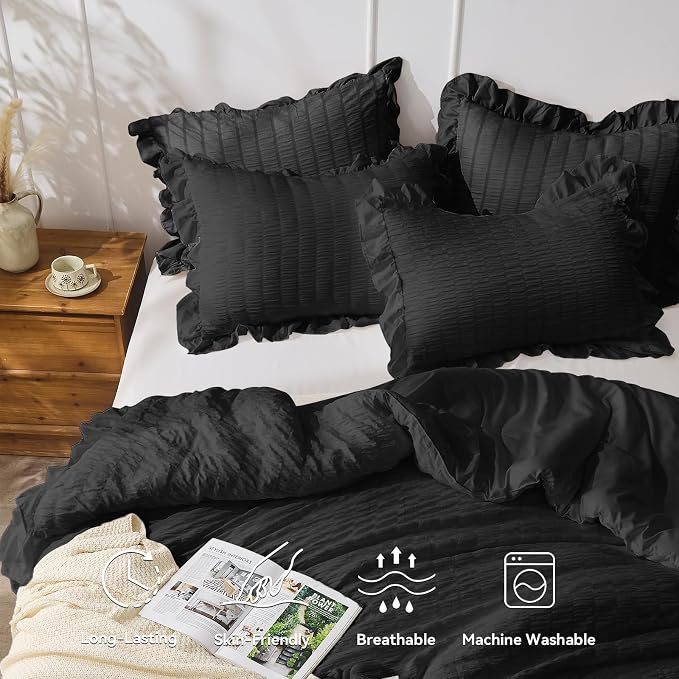 JOLLYVOGUE Black Queen Comforter Set, 3 Pieces Seersucker Comforters Queen Size - Image 3