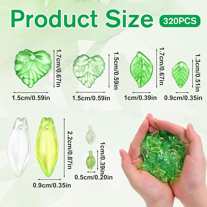 320 PCS Green Leaf Beads for Jewelry Making, Acrylic Green Leaf Charms - Image 2