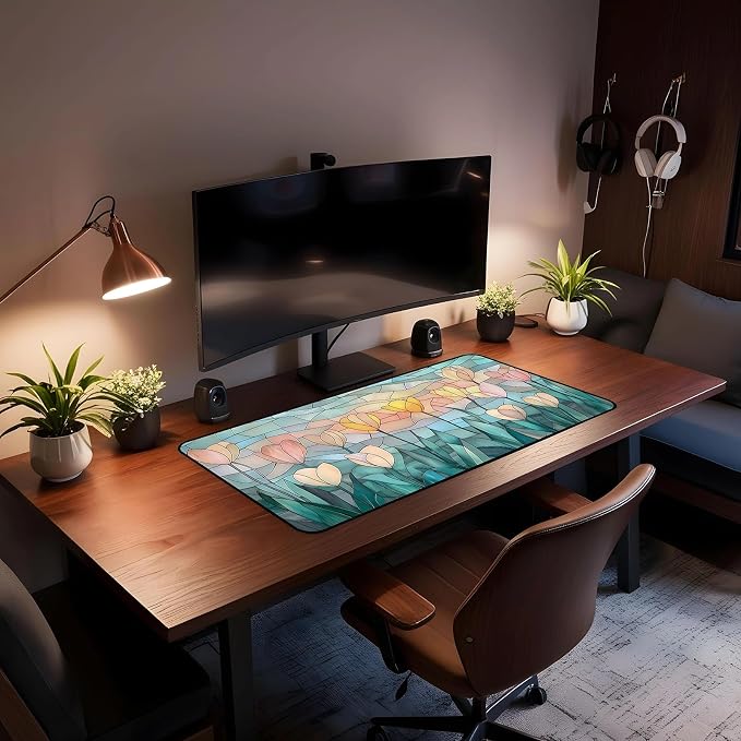Faux Colorful Glass Desk Mat, Tulip Long Mouse Pad, Large Gaming Computer - Image 4