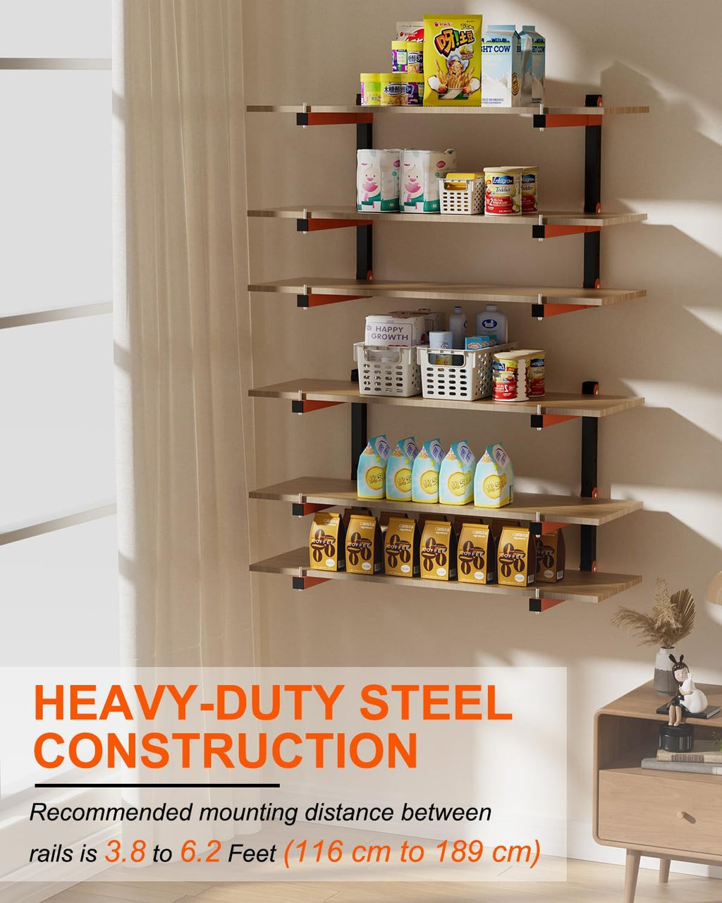 Lumber Storage Rack Wall-Mounted Lumber Racks Heavy Duty Wood Storage Rack with 9-Level Holds Up 1080 LB Sturdy Folding Garage Wood Organizer Orange Shelving Metal Shelf for Indoor & Outdoor- 6 Pack