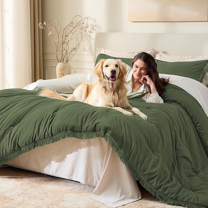 Andency Comforter Oversized King Olive Green 120x98, 3 Pieces Boho Winter - Image 3