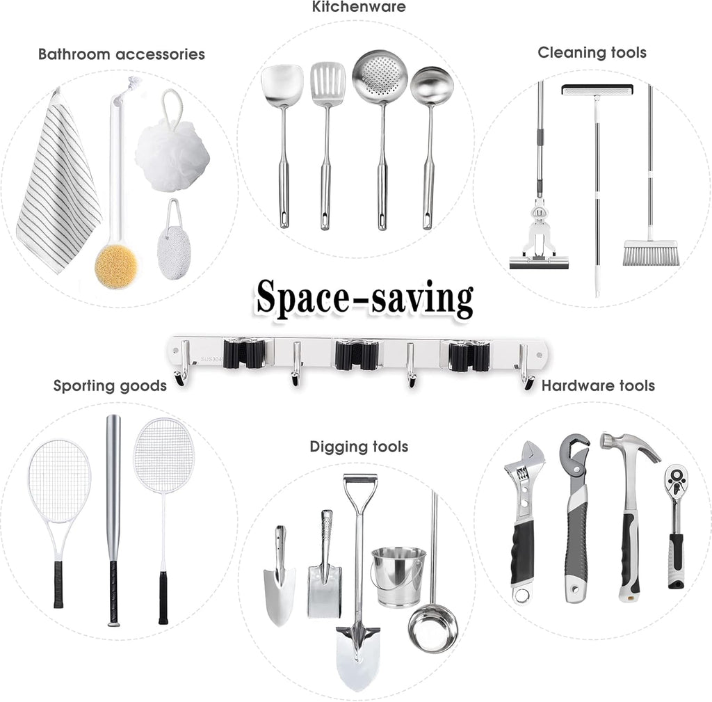 3 Racks and 4 Hooks Broom and Mop Holder Wall Mounted Garage Organizer Storage Tool Racks Stainless Steel Heavy Duty Hooks Self Adhesive Solid Non-slip Wall Hangers for Home Kitchen Garden Laundry