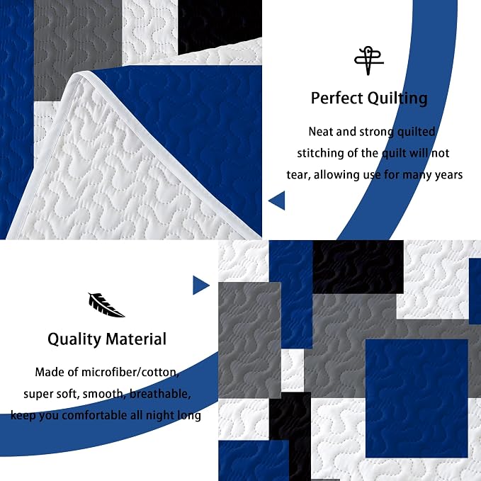 Tyrot 3 Piece Blue White Grey Quilt Set California King Size Black White - Image 4