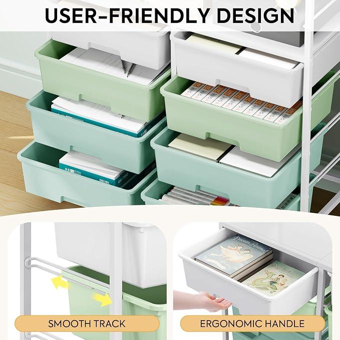 Rolling Cart with 8 drawers, Storage Drawer Cart with Wooden Tabletop, Lockable - Image 5