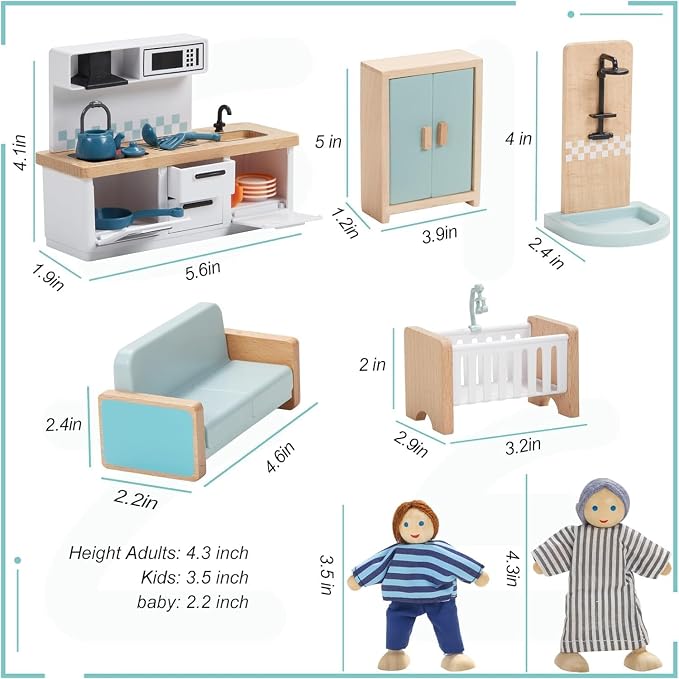 Giant bean 36pcs Wooden Dollhouse Furniture Set 5 Rooms 4 Family Dolls - Image 9