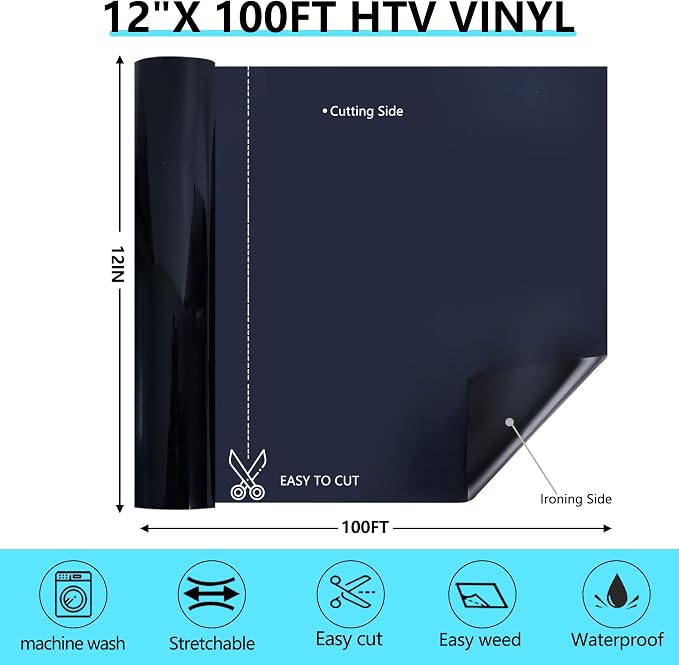 HTVVETUR Black Iron on Vinyl Roll 12" x 100ft, HTV Heat Transfer Vinyl - Image 2
