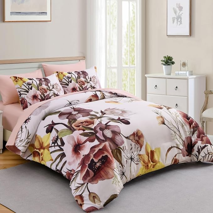 Luxudecor Floral Comforter Set King Size 7 Piece, Blush Flower Bed in a Bag - Image 2