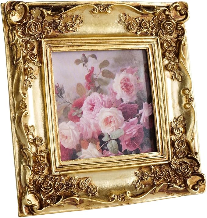 Cuspin 4x4 Gold Picture Frame Square, Vintage Ornate Resin Photo Frame - Image 8