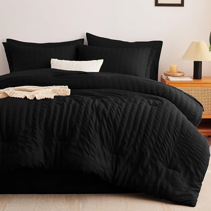 CozyLux Oversized King Comforter Set Black Seersucker 7 Pieces 120x98 Bed in a - Image 9