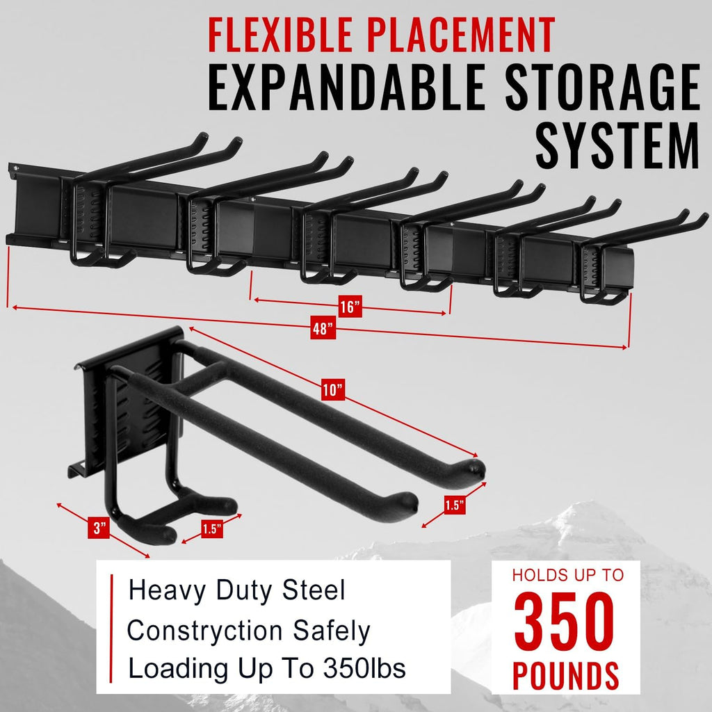 Wall Mount Tool Storage Rack, Garage Organization, Heavy Duty Garage Storage Tool Organizer, Garden Tool Wall Hooks and Hangers, Hold Up to 350lbs Black 2Pack