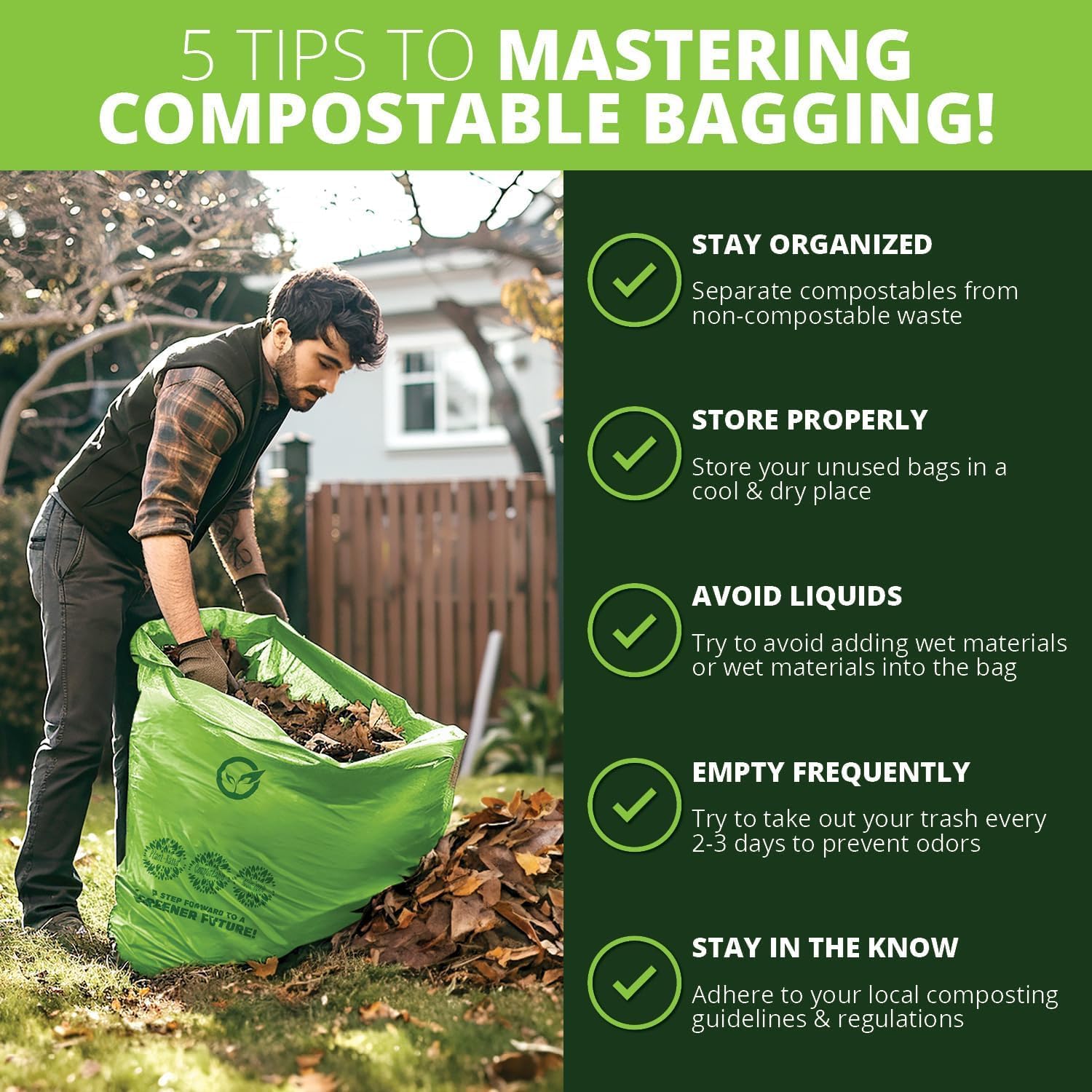 60-64 Gallon Compost bags BPI Certified Compostable Bags Heavy Duty Extra Thick 2 Mil, 242.27 Liter, 12 Bags, Leaf Bag, Lawn, Yard, and Restaurant Use, ASTM D6400, OK Compost Home Certified