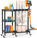 Cleaning Supplies Organizer with Broom Holder Load 350 LBS Cleaning Cart with Wheels Broom Closet Storage with 3-Tier Shelves, 6 Mop Hanger Grippers, 3 Double-Hooks, Vacuum Stand for Laundry Garage