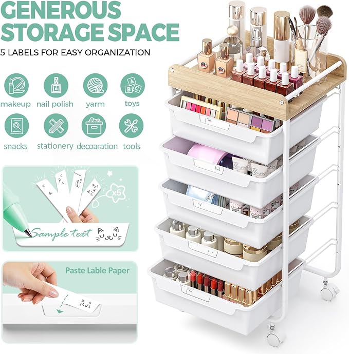 Utility Cart with Drawers, Craft Cart with 5 Drawers, Art Supply Organizer - Image 4