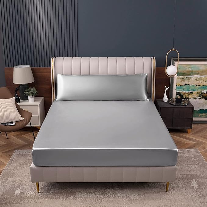 Homiest Light Grey Satin Fitted Sheet Twin XL Size, Deep Pocket, Luxury & Ultra - Image 7