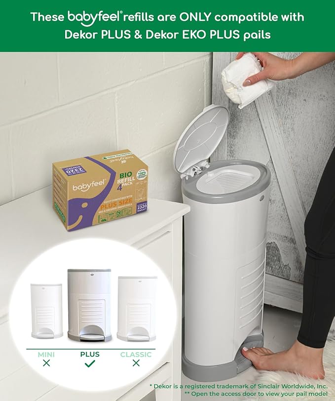 Babyfeel BIO Refills Compatible with DEKOR PLUS Diaper Pails | 100% Compostable | 4 Pack | 50% Extra Thickness | Compost Refill bags with Running Low Indicator | Powerful Odor Control | Fragrance-free
