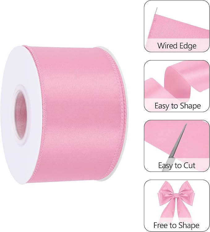 Pink 2.5 Inch Continuous 25 Yards Satin Wired Ribbon - Image 3