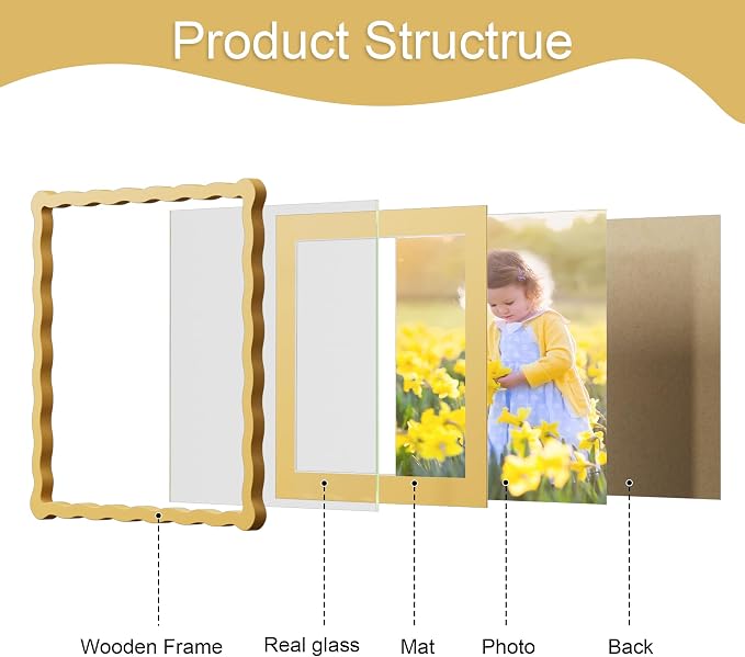 12x12 Picture Frame with Mat for 10x10, Wavy Edge Wooden Real Glass Photo Frame - Image 5