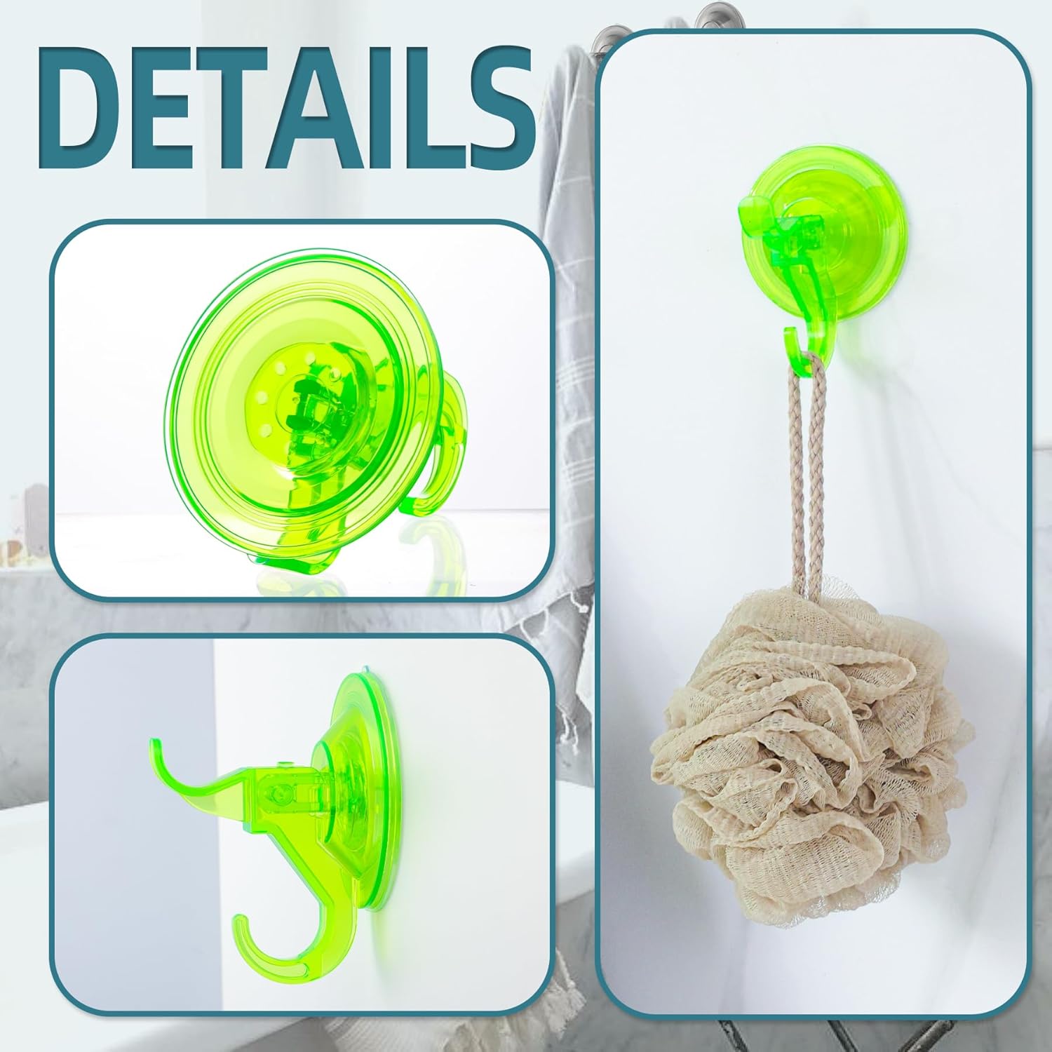 Antimbee Clear Suction Cup Hanger, 5 Pack Removable Small Suction Cups for Shower, Bathroom, Glass, Door, Windows, Kitchen - Up to 11 lbs on Smooth Surface - 2 Hooks Design (Transparent Green)