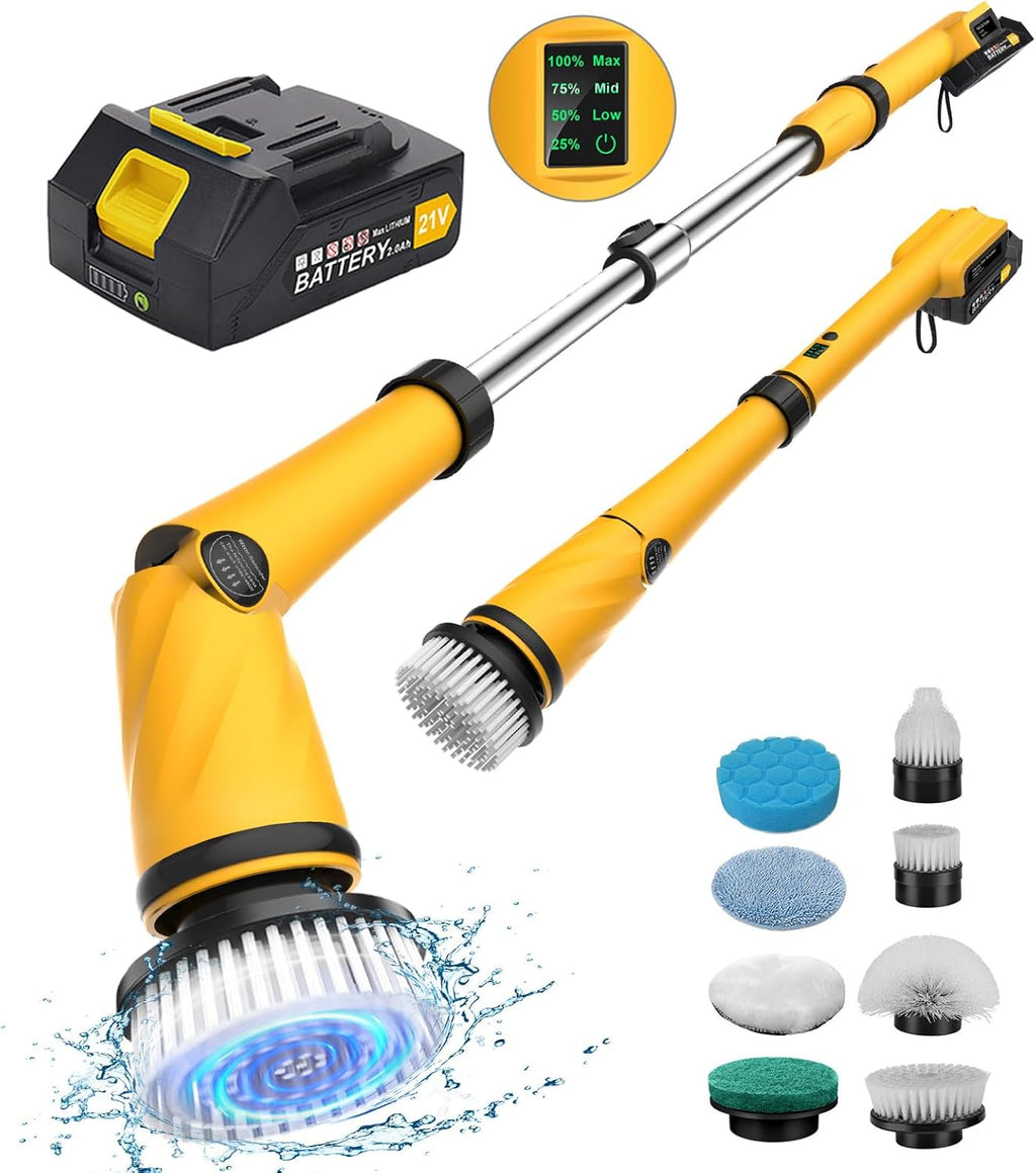 Qimedo Upgrade 1200 RPM Battery Electric Spin Scrubber, Highly Powerful Cordless Cleaning Brush with Smart Display, Electric Tile Floor Scrubber with 8 Brushes, Battery Powered Shower Scrubber