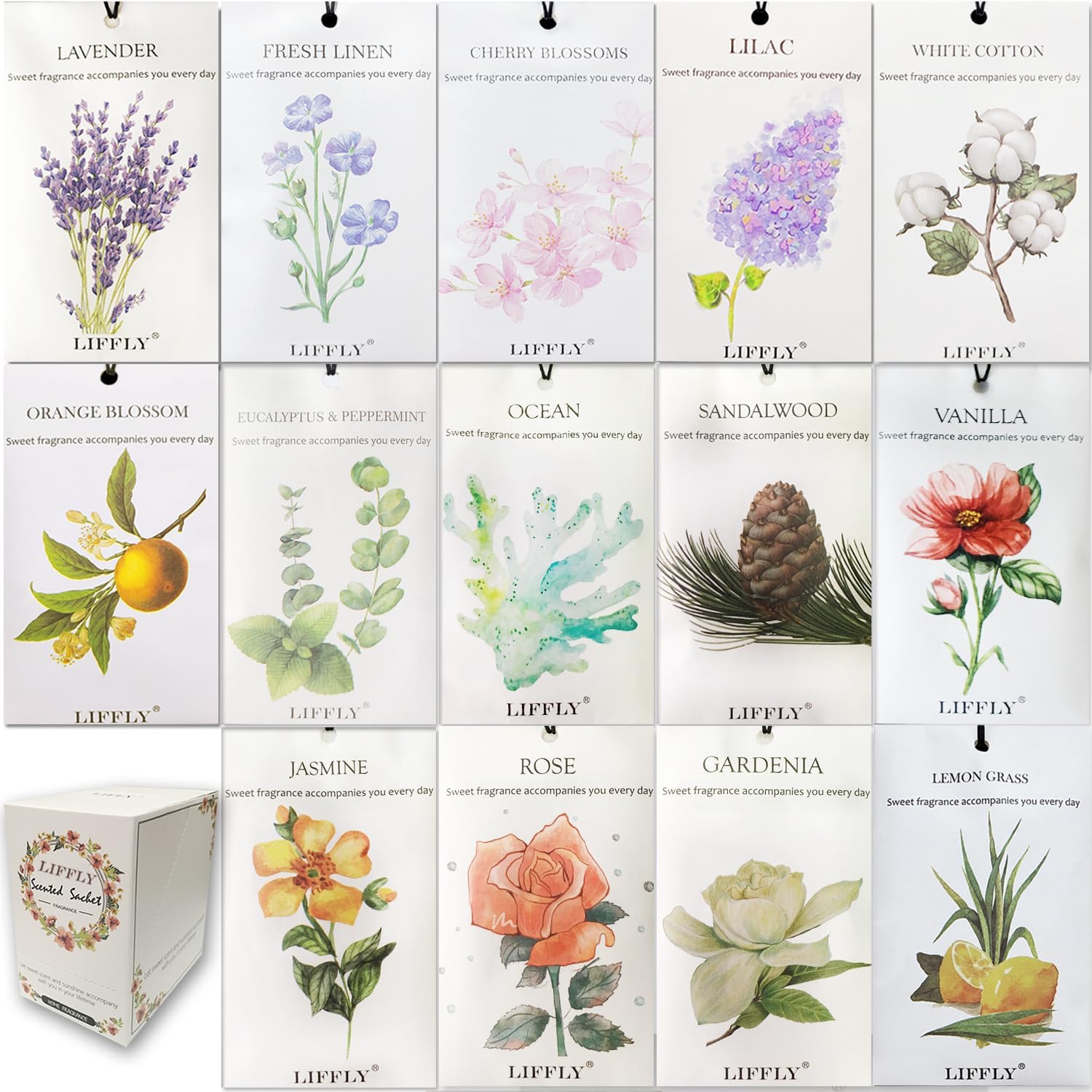 14 Packs Scented Sachets fit Drawers and Closets 14 Different Scent Gift Box