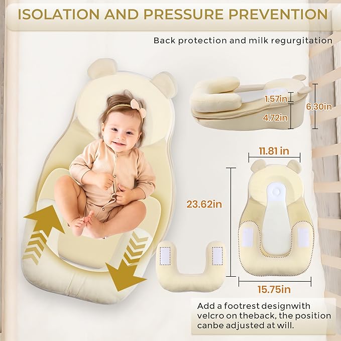 Baby Feeding Pillow, Anti Overflow Feeding Pillow for Reducing Spit-Up, Safety Nursing Pillow, Baby Lounger Reflux Wedge Breastfeeding, Removable top and Bottom（Yellow）