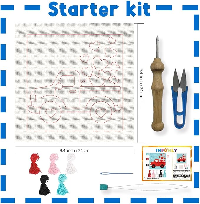 INFUNLY Red Truck Punch Needle Kit Heart Car DIY Embroidery Punch Needle Set - Image 2