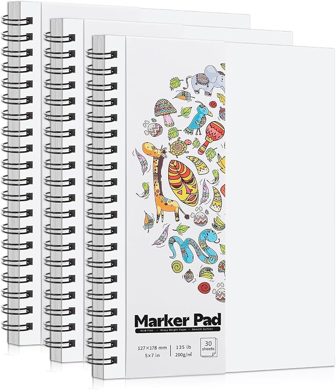 3 Pack Marker Paper Pad, 5×7in Double Sided Bleedproof Sketch Pad, 135lb/200gsm by Prudiut