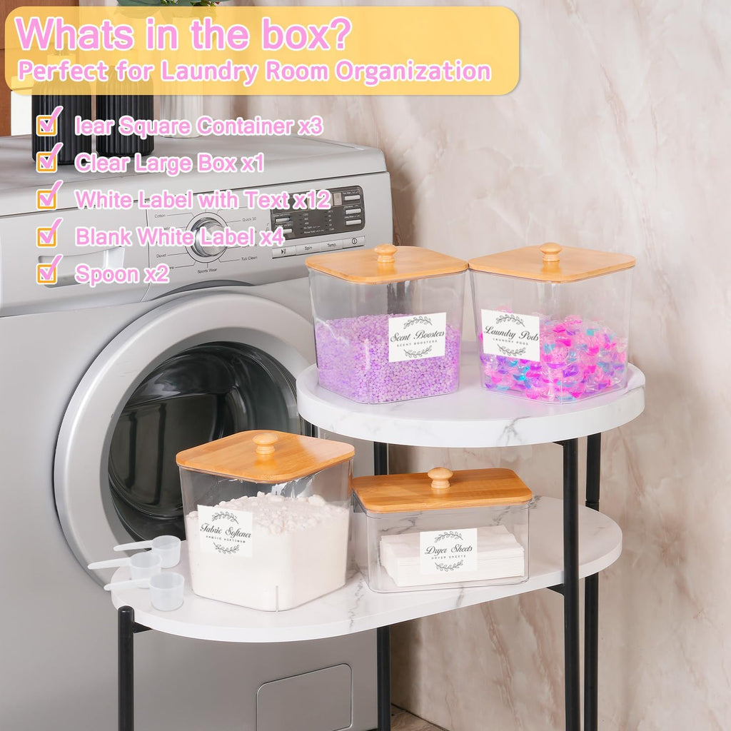 efluky 4+1 pack Laundry Pods Container & Dryer Sheet Holder Set,Clear Laundry Room Organization Containers with Bamboo Lids and Labels,Laundry Pods Holder for Scent Booster,Powder,Pod