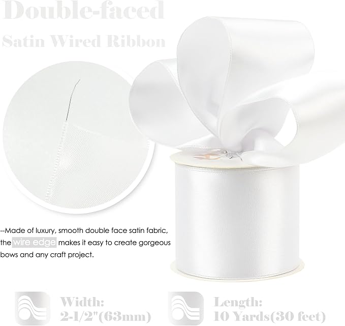 HUIHUANG White Wired Satin Ribbon 2.5 inch White Double-Faced Satin Wire Ribbon - Image 2