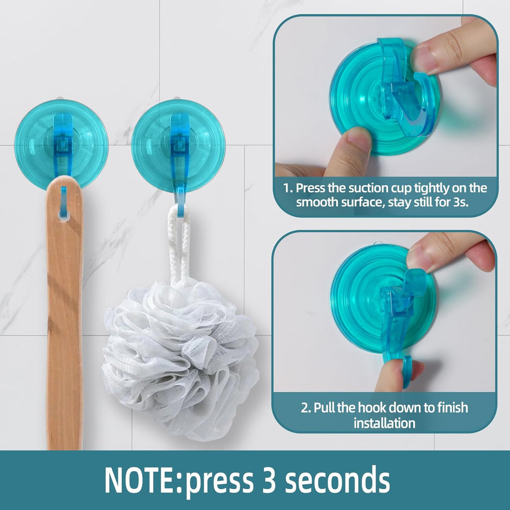 Antimbee Suction Cup Hooks, 5 Pack Shower Wall Suction Cup Hangers, Heavy Duty Vacuum Suction Cups, Reusable Bathroom Suction Hooks for Window, Tile Wall, Glass Door-2 Hooks Design(Transparent Cyan)