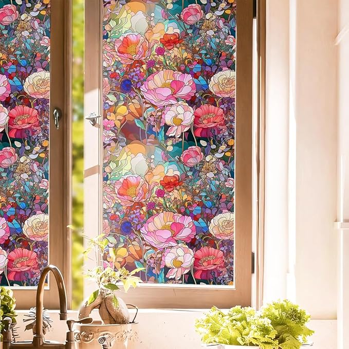 Colorful Pink Red Stained Glass Flowers Blue Purple Wildflowers Window Films by Unknown