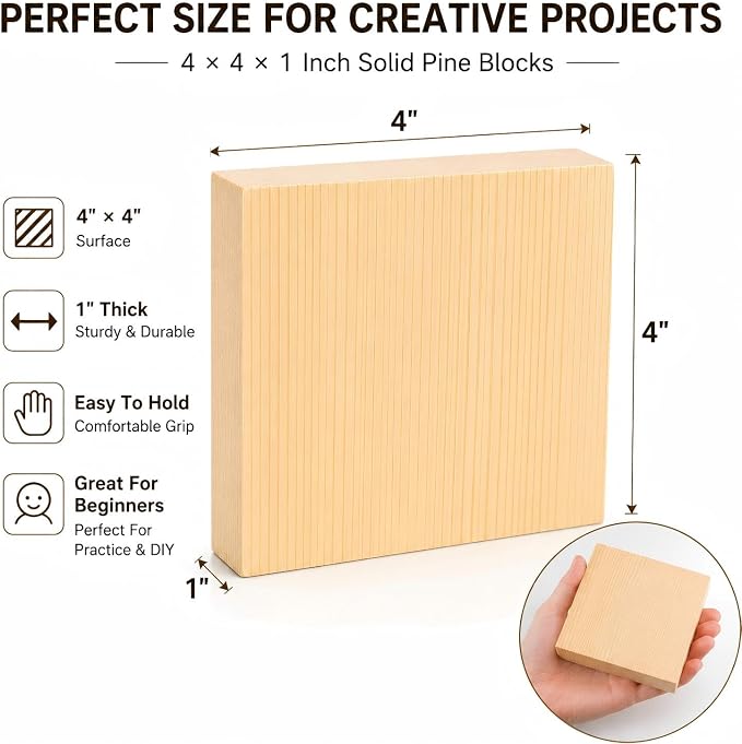 4 Pcs Solid Wood Blocks 4x4x1 Inch Unfinished Whittling Blocks - Image 2