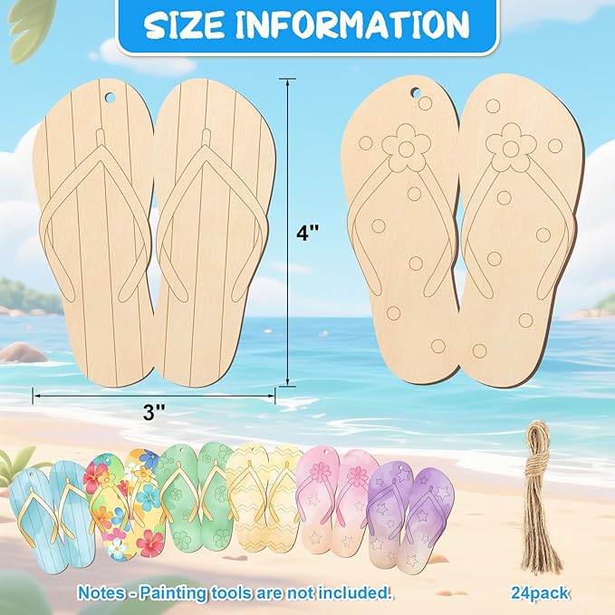 COCHIE Summer Slippers Wood Crafts to Paint Set of 24, Slipper Unfinished - Image 2